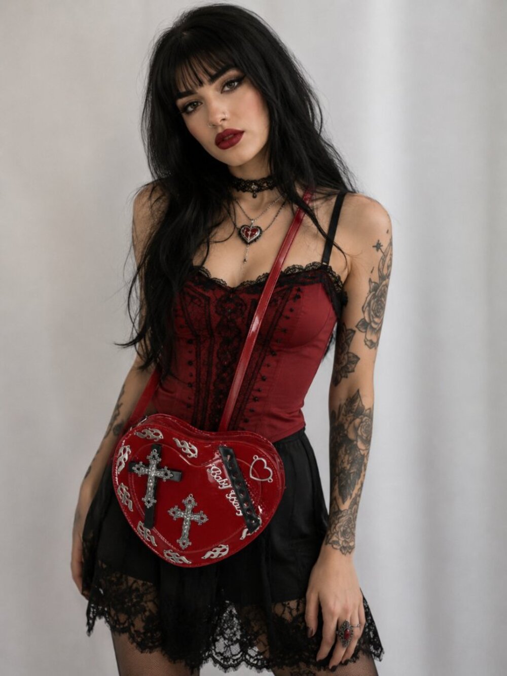 Red Heart Spikes and Cross, Crossbody Purse